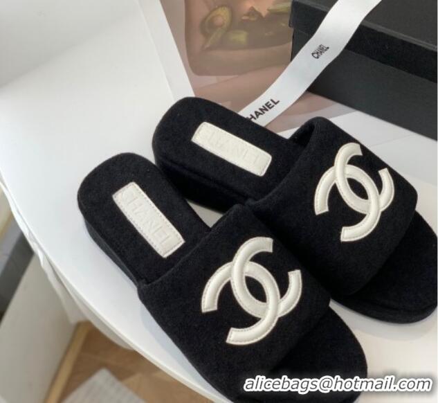 Unique Style Chanel Towel Cloth Platform Slide Sandals 5cm Black 082524