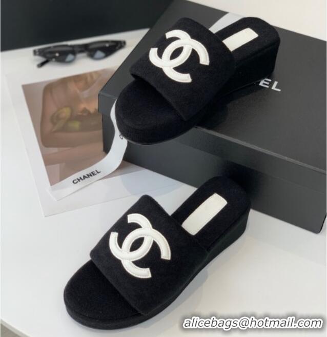 Unique Style Chanel Towel Cloth Platform Slide Sandals 5cm Black 082524