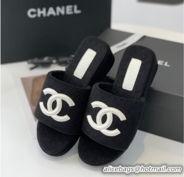 Unique Style Chanel Towel Cloth Platform Slide Sandals 5cm Black 082524