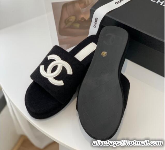 Unique Style Chanel Towel Cloth Platform Slide Sandals 5cm Black 082524