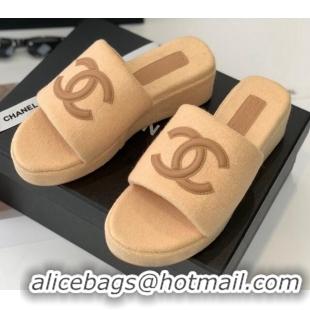 Low Price Chanel Towel Cloth Platform Slide Sandals 5cm Camel 082525