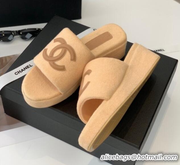 Low Price Chanel Towel Cloth Platform Slide Sandals 5cm Camel 082525