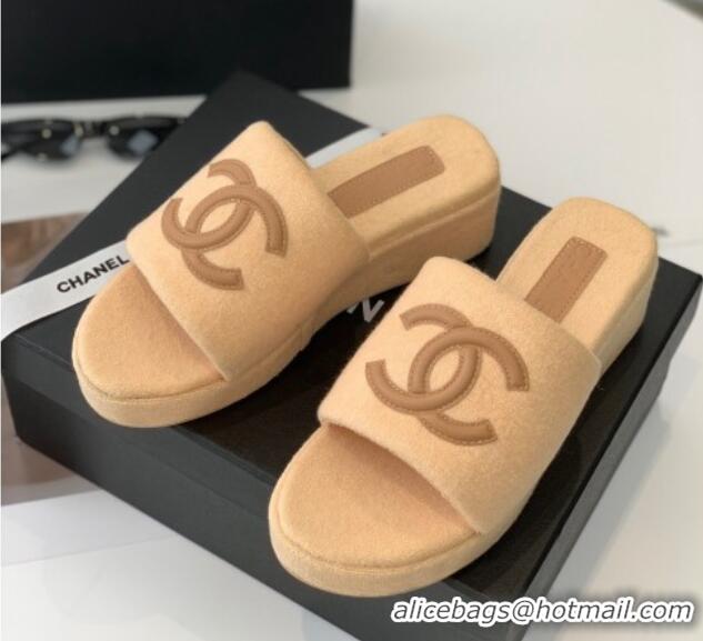 Low Price Chanel Towel Cloth Platform Slide Sandals 5cm Camel 082525