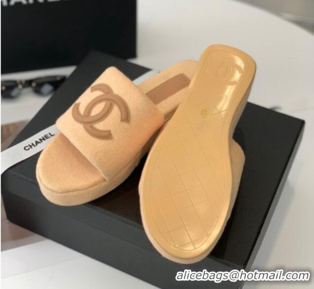 Low Price Chanel Towel Cloth Platform Slide Sandals 5cm Camel 082525