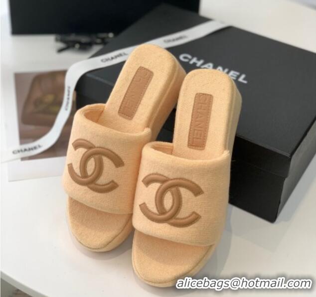 Low Price Chanel Towel Cloth Platform Slide Sandals 5cm Camel 082525