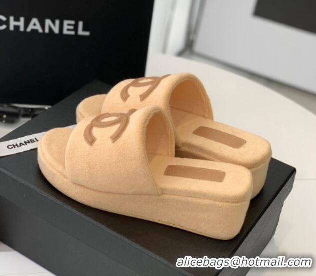 Low Price Chanel Towel Cloth Platform Slide Sandals 5cm Camel 082525