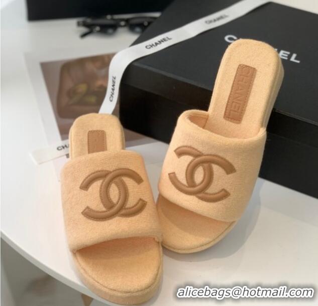 Low Price Chanel Towel Cloth Platform Slide Sandals 5cm Camel 082525