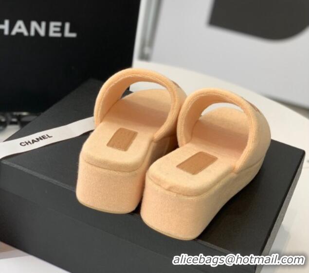 Low Price Chanel Towel Cloth Platform Slide Sandals 5cm Camel 082525