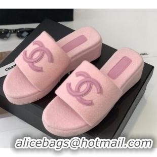 Good Quality Chanel Towel Cloth Platform Slide Sandals 5cm Pink 082526