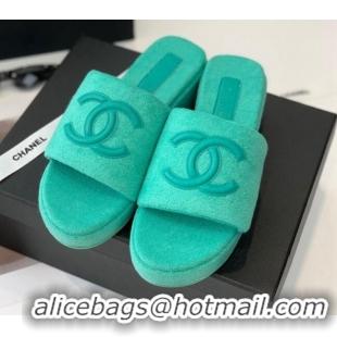 Good Quality Chanel Towel Cloth Platform Slide Sandals 5cm Green 082527