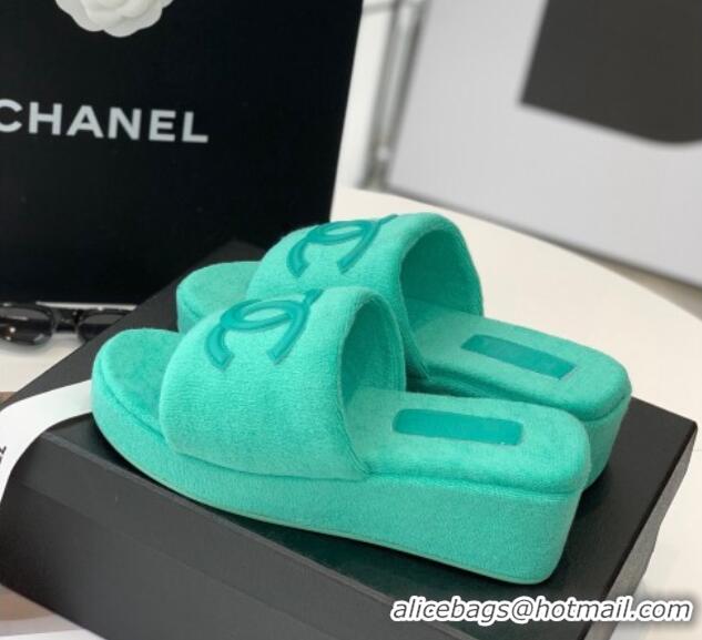 Good Quality Chanel Towel Cloth Platform Slide Sandals 5cm Green 082527