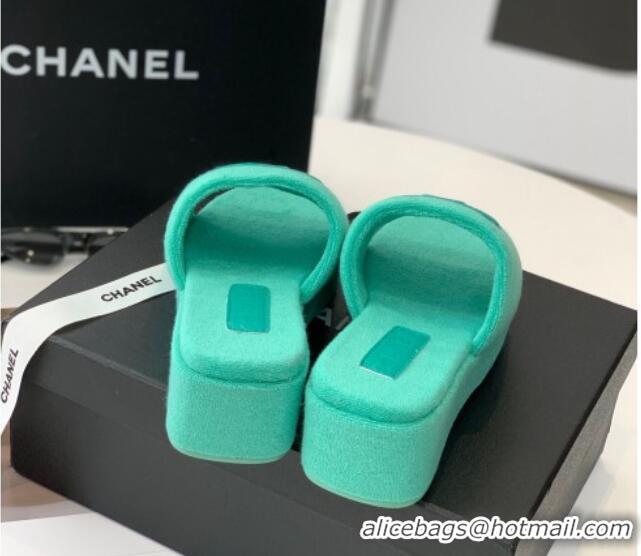 Good Quality Chanel Towel Cloth Platform Slide Sandals 5cm Green 082527