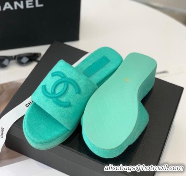 Good Quality Chanel Towel Cloth Platform Slide Sandals 5cm Green 082527