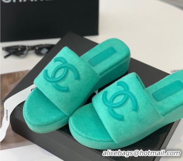 Good Quality Chanel Towel Cloth Platform Slide Sandals 5cm Green 082527