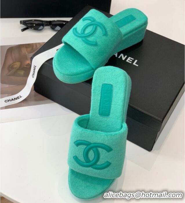 Good Quality Chanel Towel Cloth Platform Slide Sandals 5cm Green 082527