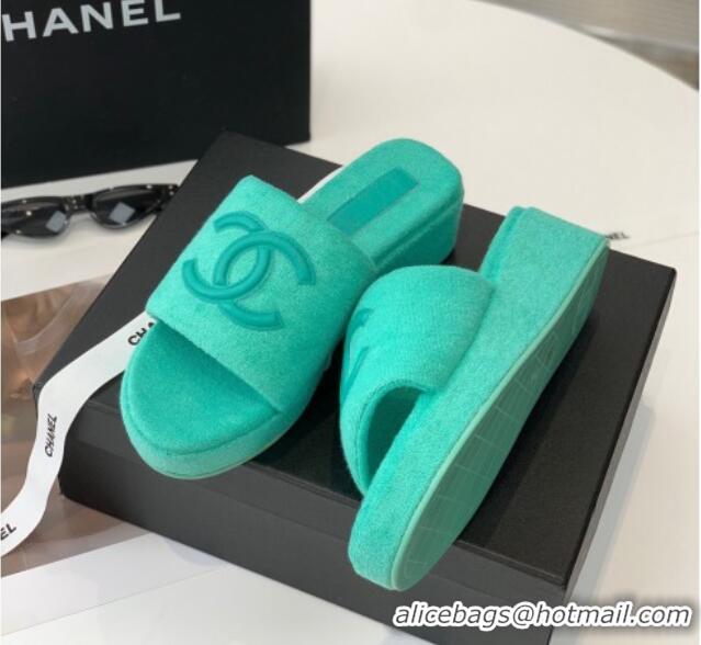 Good Quality Chanel Towel Cloth Platform Slide Sandals 5cm Green 082527