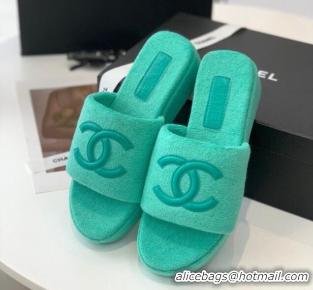 Good Quality Chanel Towel Cloth Platform Slide Sandals 5cm Green 082527