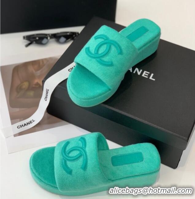 Good Quality Chanel Towel Cloth Platform Slide Sandals 5cm Green 082527