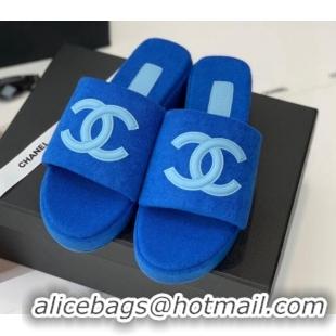 Top Design Chanel Towel Cloth Platform Slide Sandals 5cm Blue 082528