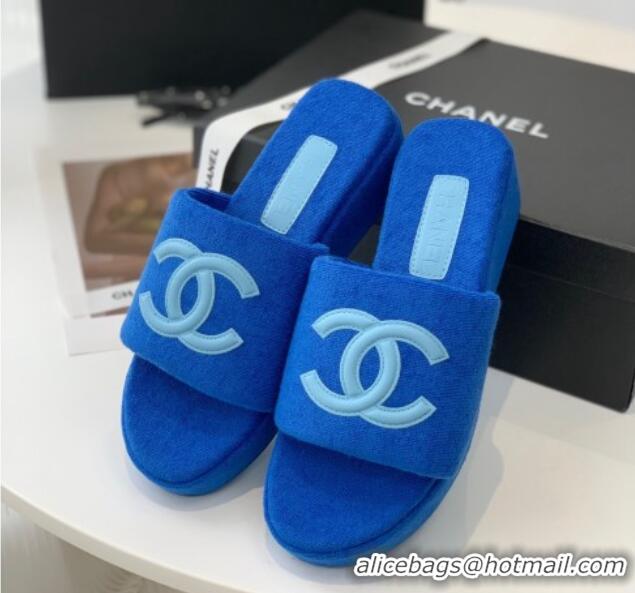 Top Design Chanel Towel Cloth Platform Slide Sandals 5cm Blue 082528