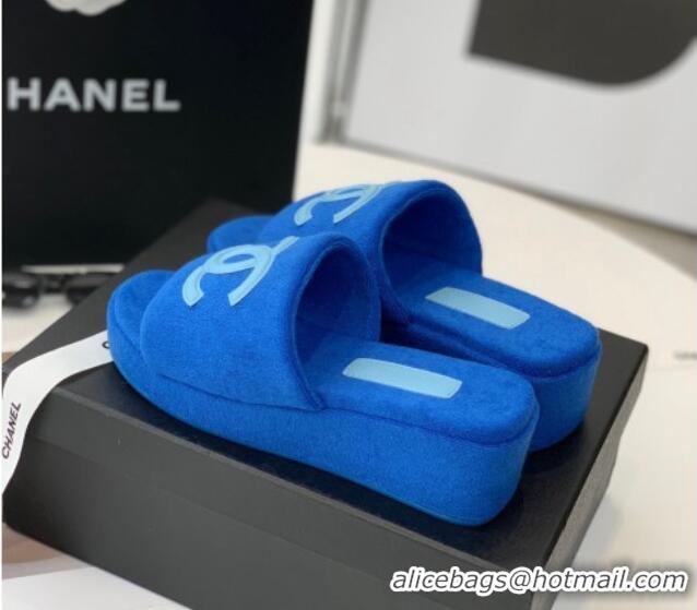 Top Design Chanel Towel Cloth Platform Slide Sandals 5cm Blue 082528