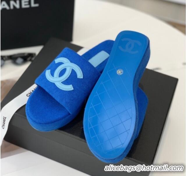 Top Design Chanel Towel Cloth Platform Slide Sandals 5cm Blue 082528