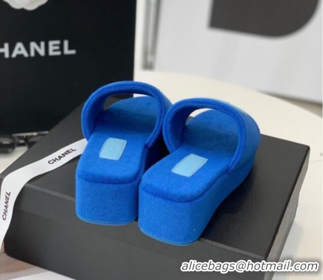 Top Design Chanel Towel Cloth Platform Slide Sandals 5cm Blue 082528