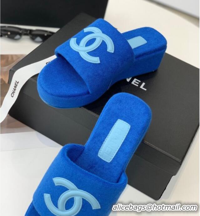 Top Design Chanel Towel Cloth Platform Slide Sandals 5cm Blue 082528