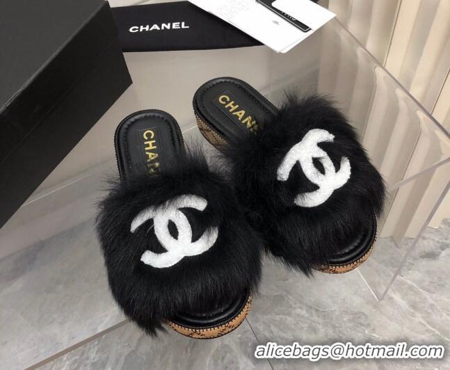 Low Price Chanel Shearling Wool Slide Sandals G39357 Black