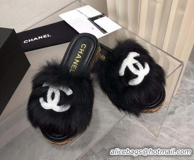 Low Price Chanel Shearling Wool Slide Sandals G39357 Black