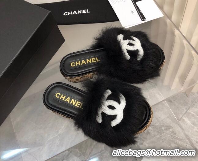 Low Price Chanel Shearling Wool Slide Sandals G39357 Black