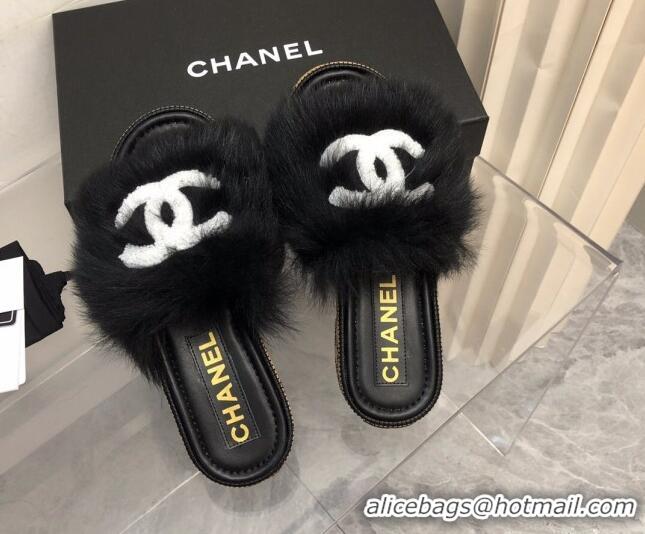 Low Price Chanel Shearling Wool Slide Sandals G39357 Black