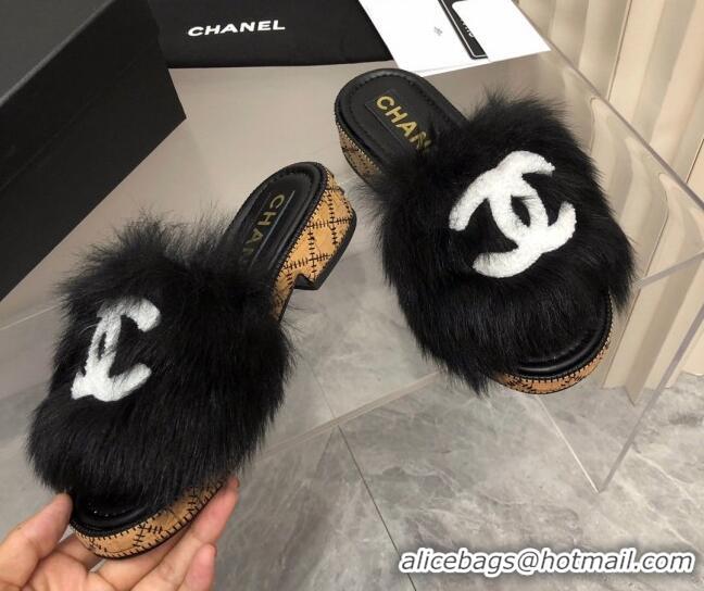 Low Price Chanel Shearling Wool Slide Sandals G39357 Black