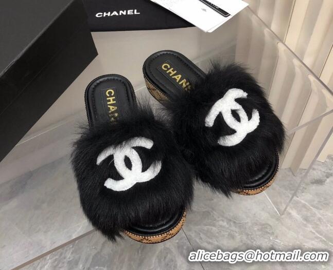 Low Price Chanel Shearling Wool Slide Sandals G39357 Black