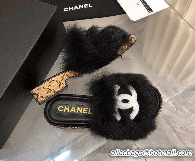 Low Price Chanel Shearling Wool Slide Sandals G39357 Black