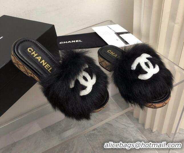 Low Price Chanel Shearling Wool Slide Sandals G39357 Black