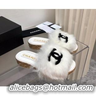 Good Quality Chanel Shearling Wool Slide Sandals G39357 White