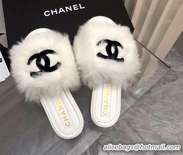 Good Quality Chanel Shearling Wool Slide Sandals G39357 White