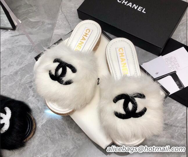 Good Quality Chanel Shearling Wool Slide Sandals G39357 White