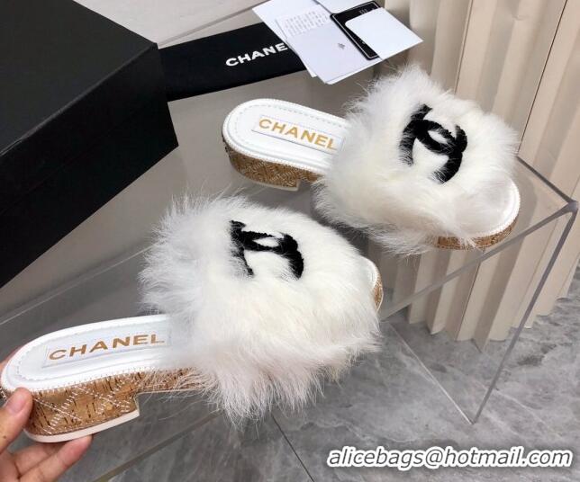 Good Quality Chanel Shearling Wool Slide Sandals G39357 White