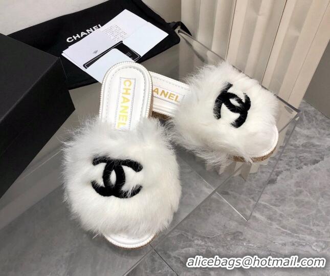 Good Quality Chanel Shearling Wool Slide Sandals G39357 White