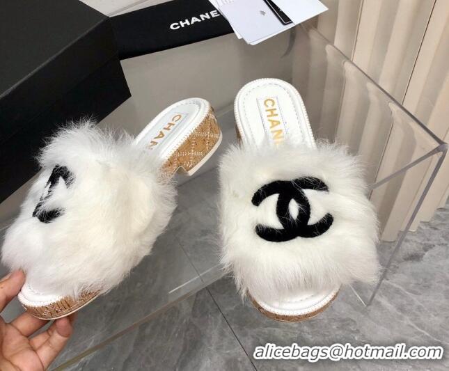 Good Quality Chanel Shearling Wool Slide Sandals G39357 White