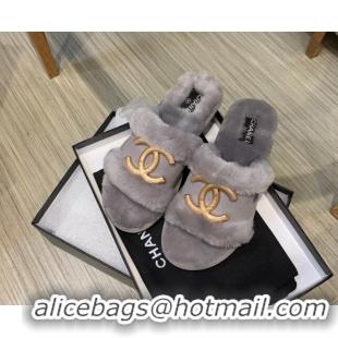 Perfect Chanel Wool Suede Flat Slide Sandals with Metal CC Gray 082731