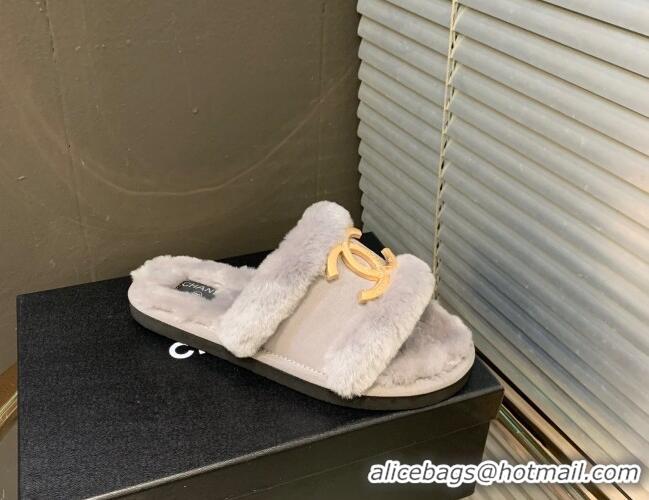 Perfect Chanel Wool Suede Flat Slide Sandals with Metal CC Gray 082731