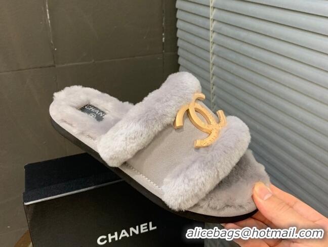 Perfect Chanel Wool Suede Flat Slide Sandals with Metal CC Gray 082731