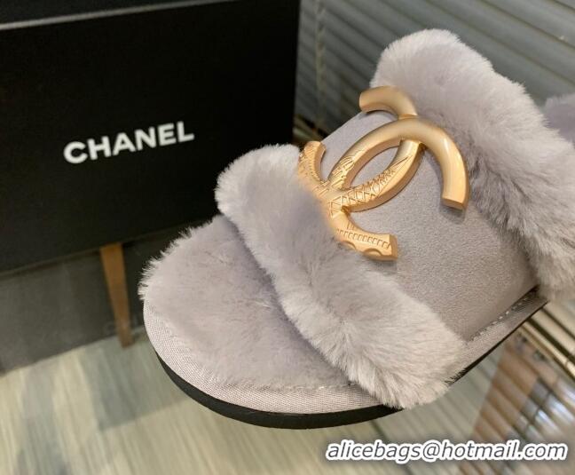 Perfect Chanel Wool Suede Flat Slide Sandals with Metal CC Gray 082731