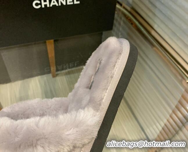 Perfect Chanel Wool Suede Flat Slide Sandals with Metal CC Gray 082731