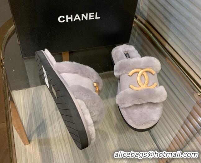 Perfect Chanel Wool Suede Flat Slide Sandals with Metal CC Gray 082731