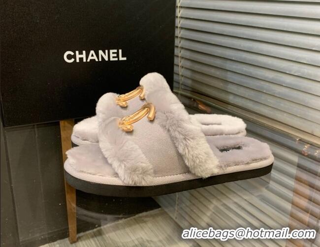 Perfect Chanel Wool Suede Flat Slide Sandals with Metal CC Gray 082731