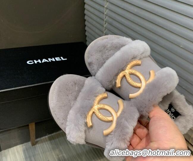 Perfect Chanel Wool Suede Flat Slide Sandals with Metal CC Gray 082731